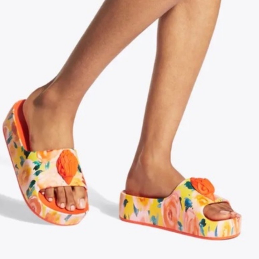 Kurt Geiger Size 6 Floral Orange Women's Slide Sandals Platform With Bird Heads